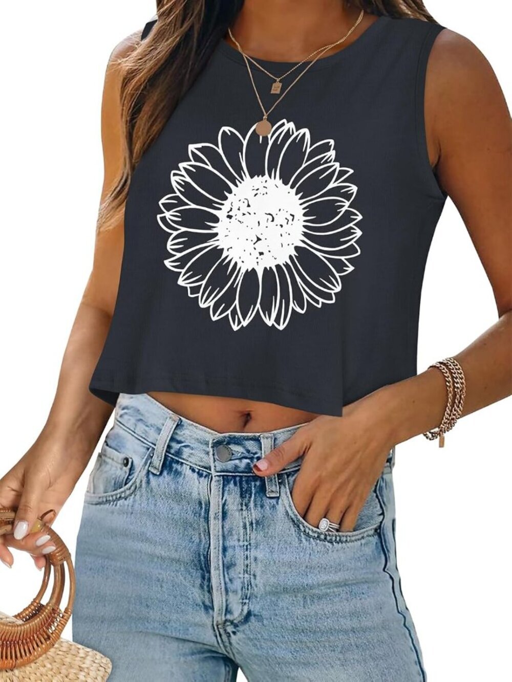 Women's Dark Gray Flower Short Sleeveless Casual Loose Fit Basic Shirts Tank Top